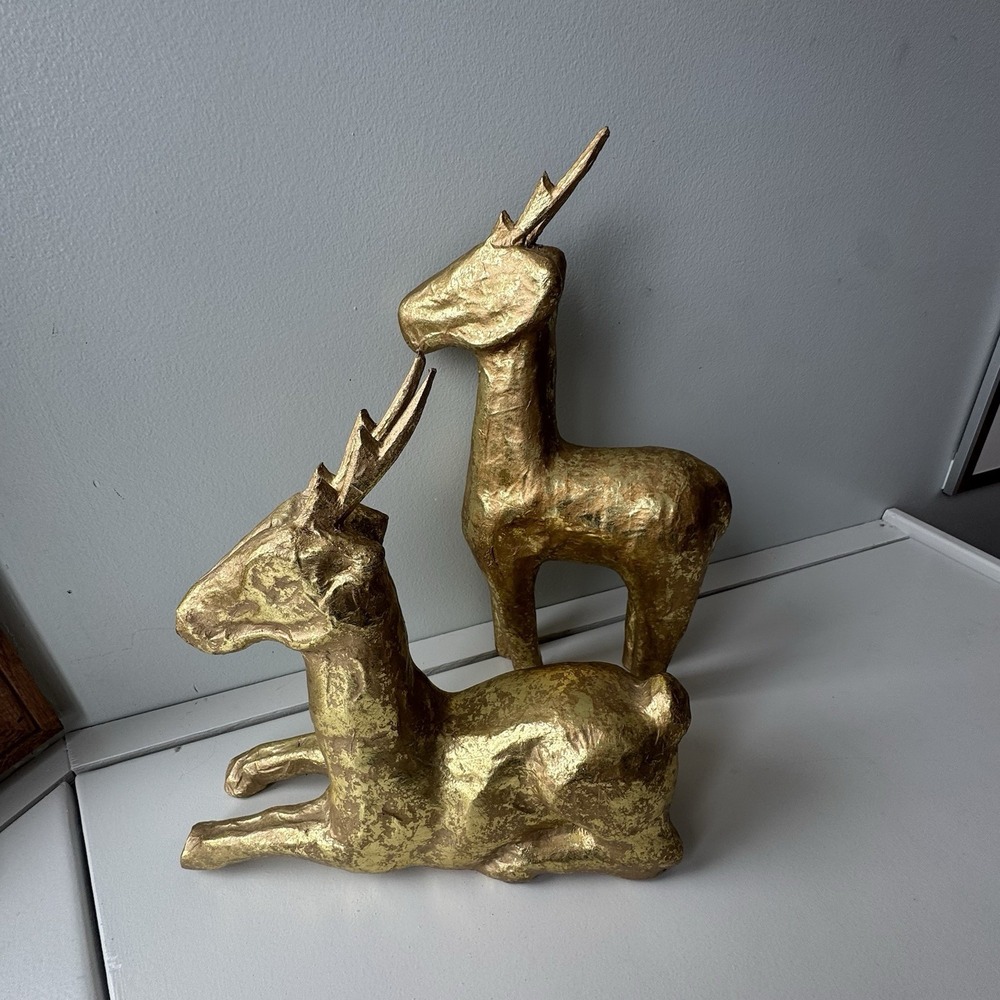 Vintage Standing Paper Mache Gold Deer Reindeer Christmas Holiday Decor 11" Tall